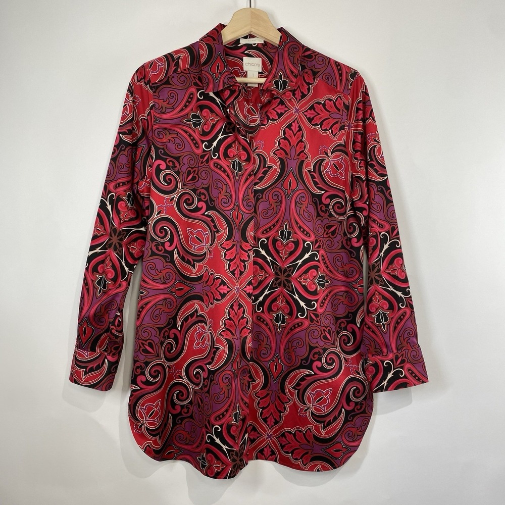 Chicos Womens No Iron Shirt Paisley Cotton Long Sleeve Button Up Size 1 US M